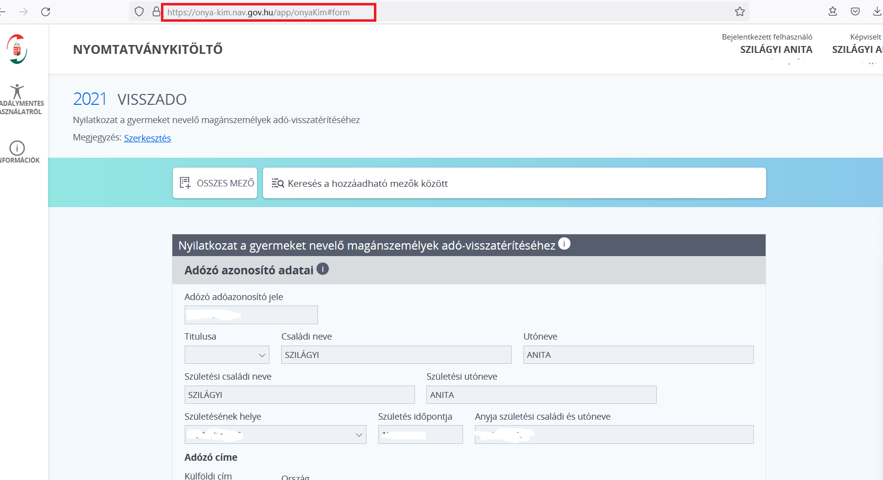visszado nyomtatvány kitöltése ONYA 1.
